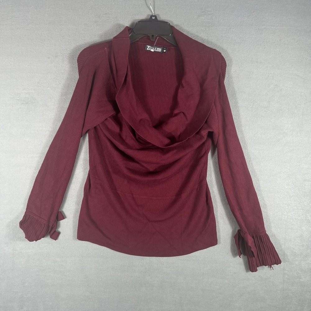 7th Avenue Design Studio Women's Burgundy Ribbed Cowl Neck Long Sleeve Top Size